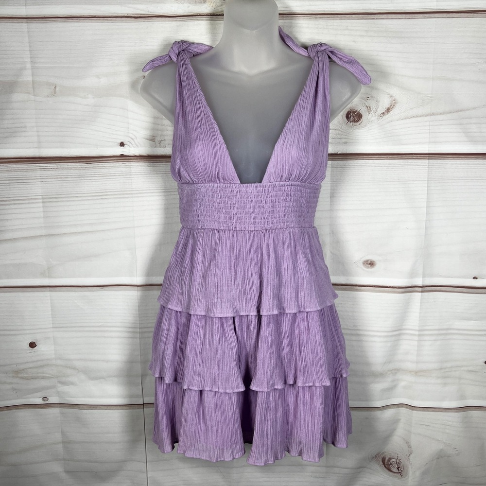 Lovers and Friends Brielle Mini Dress Womens XS Purple Tiered Smocked Tie Strap